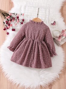 SHEIN Baby Girl Polka Dot Ruffle Trim Flounce Sleeve Bow Front Dress - Purple - View 2