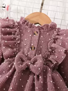 SHEIN Baby Girl Polka Dot Ruffle Trim Flounce Sleeve Bow Front Dress - Purple - View 3