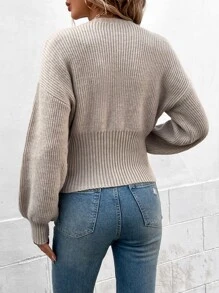 SHEIN Essnce Jersey de manga farol tejido de canalé - Caqui - Ver 2