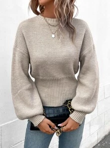 SHEIN Essnce Jersey de manga farol tejido de canalé - Caqui - Ver 3