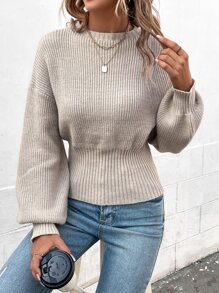 SHEIN Essnce Jersey de manga farol tejido de canalé - Caqui - Ver 4