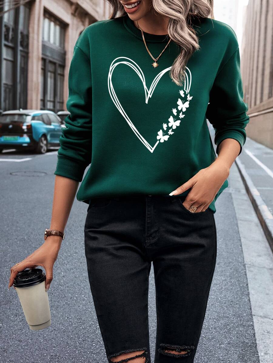 SHEIN LUNE 愛心圖案加絨內裏運動衫 - 墨綠色 - 查看 1