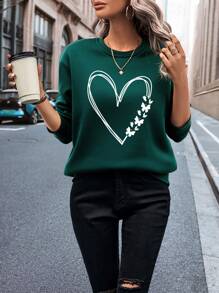 SHEIN LUNE 愛心圖案加絨內裏運動衫 - 墨綠色 - 查看 3