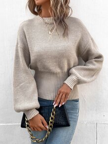 SHEIN Essnce Jersey de manga farol tejido de canalé - Caqui - Ver 1