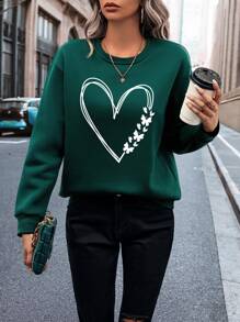 SHEIN LUNE 愛心圖案加絨內裏運動衫 - 墨綠色 - 查看 4