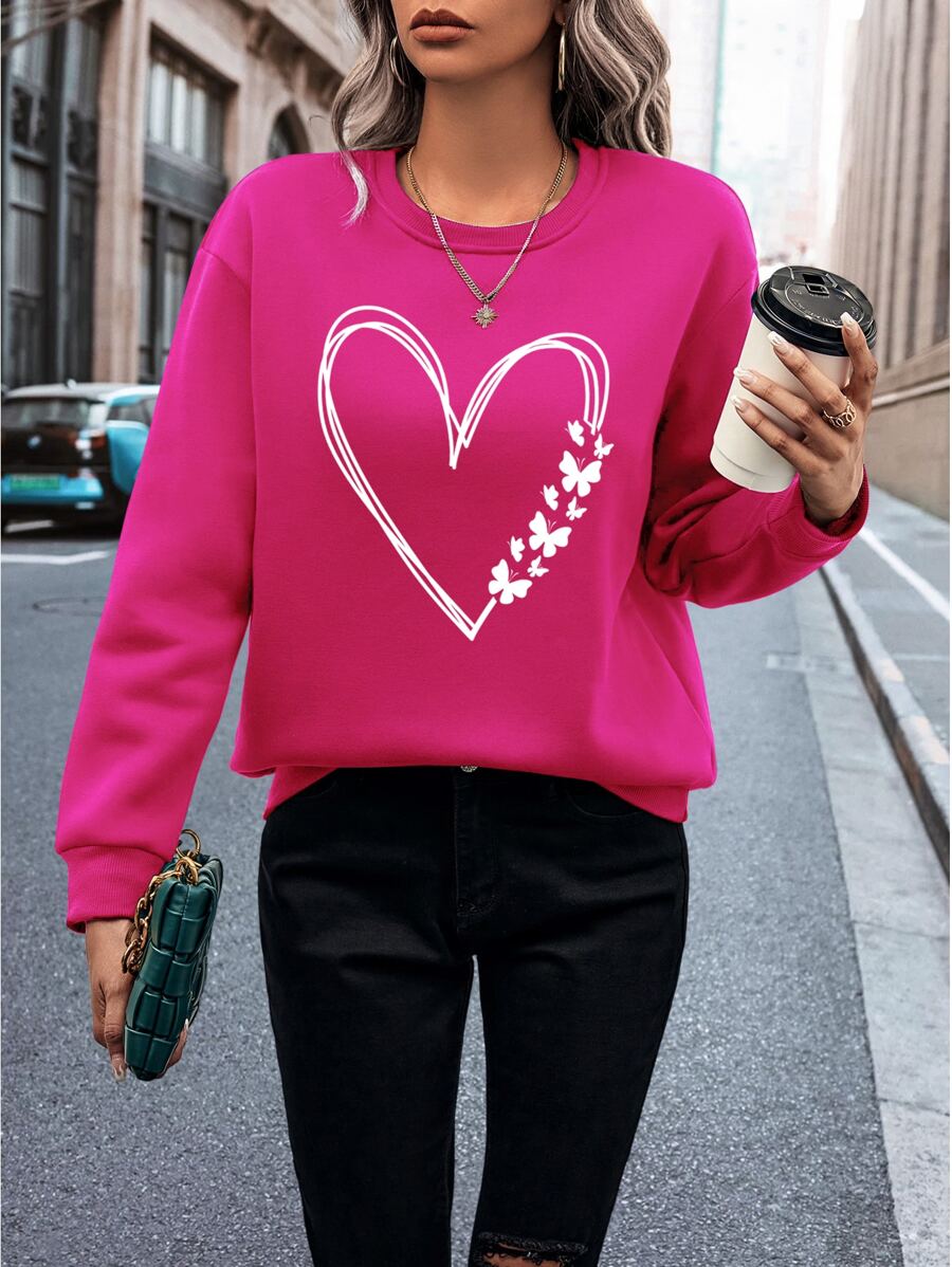 INAWLY 爱心印花保暖内衬卫衣，适合毕业季、返校季、毕业典礼、教师节等场合，女士款，秋季返校套头卫衣 - 玫紅色 - 查看 1