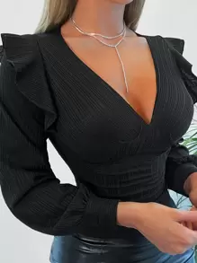 EURMUSE Plunge Neck Ruffle Trim Blouse - Black - View 5