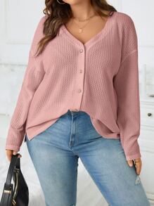 SHEIN Essnce 大碼落肩袖華夫格編織T恤 - 藕粉色 - 查看 1