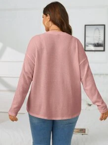 SHEIN Essnce 大碼落肩袖華夫格編織T恤 - 藕粉色 - 查看 2