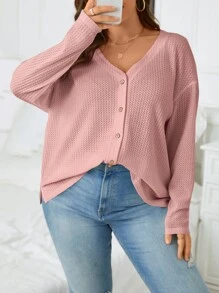 SHEIN Essnce 大碼落肩袖華夫格編織T恤 - 藕粉色 - 查看 5