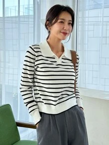 DAZY Striped Pattern Collared Jumper - White - View 6