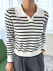 DAZY Striped Pattern Collared Jumper - White - View 7