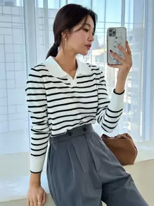 DAZY Striped Pattern Collared Jumper - White - View 9