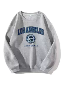 SHEIN EZwear Plus Letter Graphic Thermal Lined Sweatshirt - Light Grey - View 1