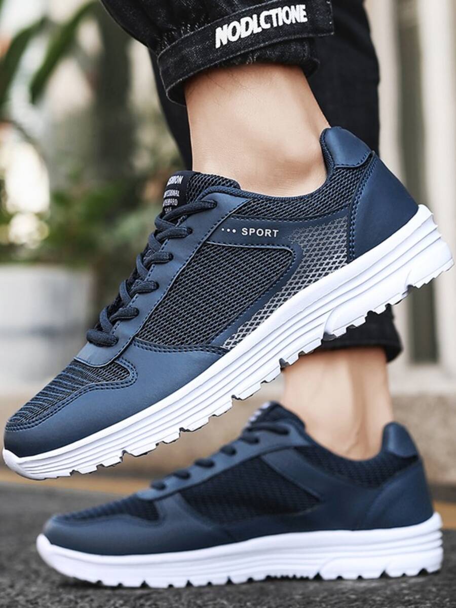 Men Letter Graphic Lace-up Front Running Shoes - Blue - View 1