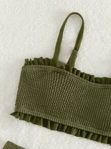 Tween Girl Smocked Frill Trim Bikini Set Summer Beach - Army Green - View 3