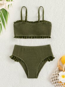 Tween Girl Smocked Frill Trim Bikini Set Summer Beach - Army Green - View 5