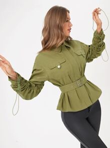 JOVANA JARA Cazadora con diseño de solapa de manga fruncido con cinturón con hebilla - Verde militar - Ver 4
