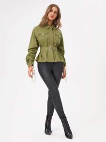 JOVANA JARA Cazadora con diseño de solapa de manga fruncido con cinturón con hebilla - Verde militar - Ver 6