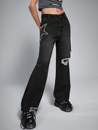 Grunge Punk Star Ripped Flare Leg Jeans