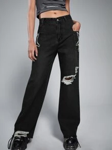 ROMWE Grunge Punk Jeans de pierna amplia con estrella desgarro