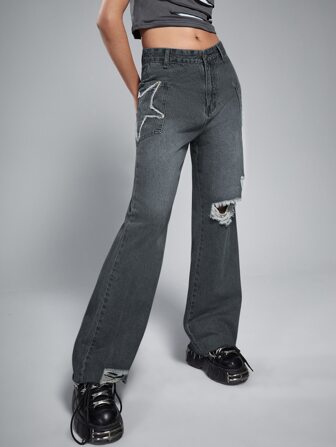 Grunge Punk Jeans a gamba svasata stella con strappati