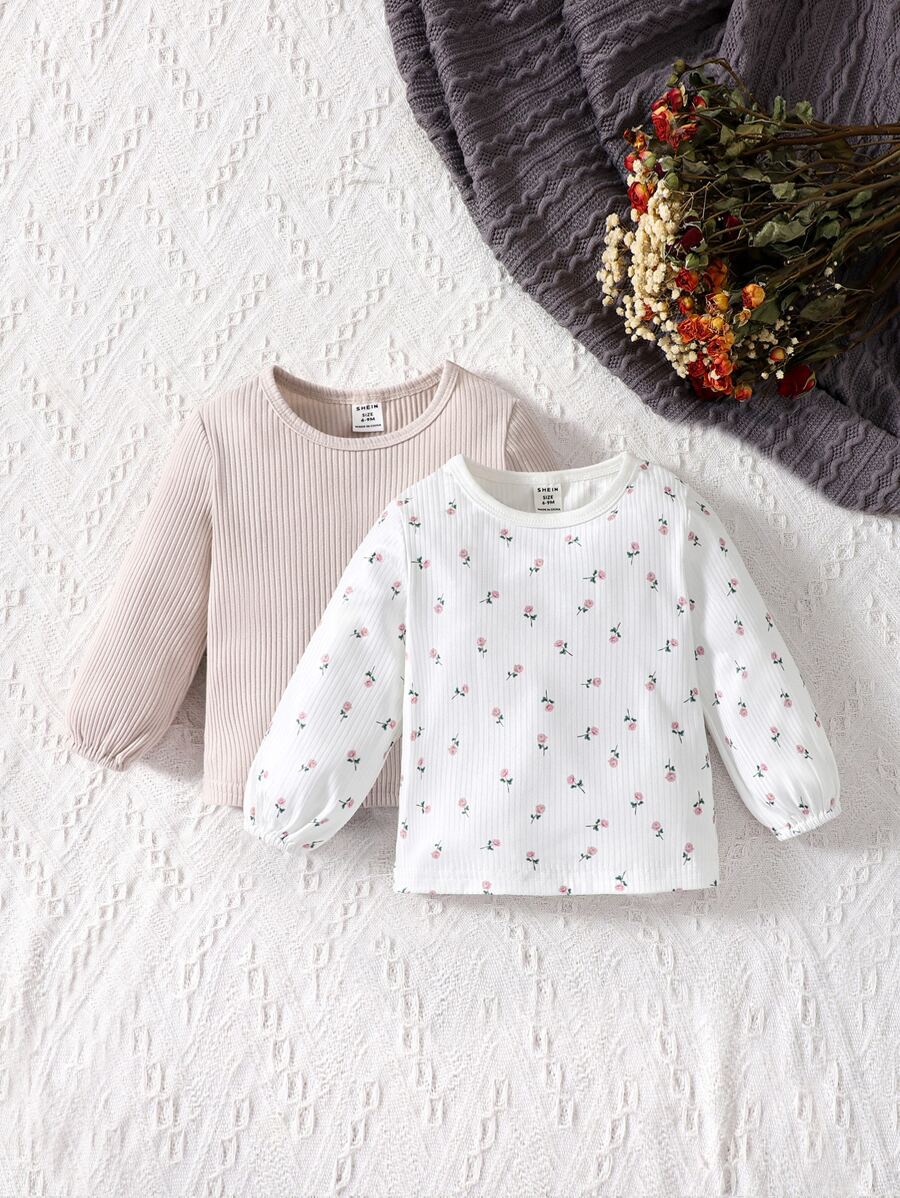 Baby 1pc Ditsy Floral Print Tee & 1pc Solid Tee - Multicolor - View 1