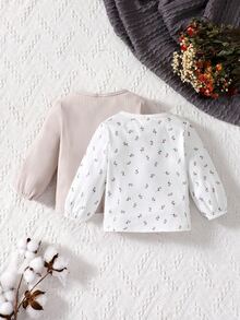 Baby 1pc Ditsy Floral Print Tee & 1pc Solid Tee - Multicolor - View 2