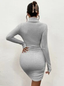 SHEIN Frenchy Solid Color Ribbed Knit Turtleneck Bodycon Sweater Dress - Light Grey - View 2