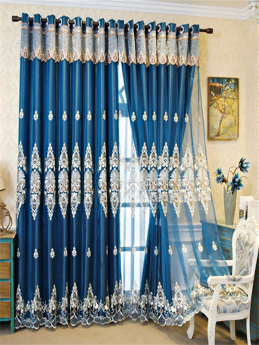 Đồ họa cổ điển In Ruffle Trim Trang trí rèm một tấm màn chắn sáng - Xanh đậm - Xem 1