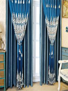 Đồ họa cổ điển In Ruffle Trim Trang trí rèm một tấm màn chắn sáng - Xanh đậm - Xem 6