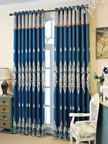 Đồ họa cổ điển In Ruffle Trim Trang trí rèm một tấm màn chắn sáng - Xanh đậm - Xem 7