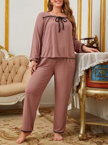 对比色绑带前结睡衣套装/睡衣套装 - 藕粉色 - 查看 4