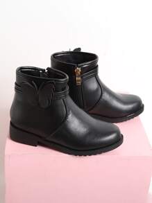 Toddler Girls' Black Boots, Children's Winter Boots, Girls' Flat Shoes With Side Zipper - Black - View 6