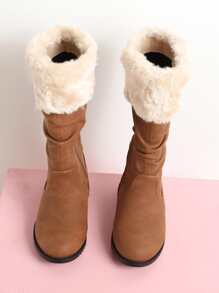 Girls Contrast Fluffy Snow Boots - Brown - View 2