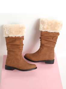 Girls Contrast Fluffy Snow Boots - Brown - View 3
