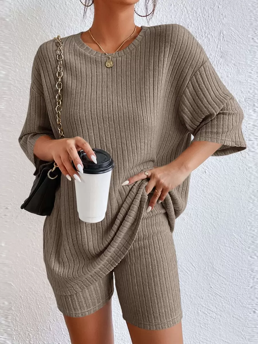 SHEIN Essnce Drop Shoulder Ribbed Knit Tee & Cycling Shorts - Coffee Brown - View 1
