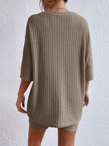 SHEIN Essnce Drop Shoulder Ribbed Knit Tee & Cycling Shorts - Coffee Brown - View 2