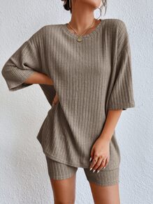 SHEIN Essnce Drop Shoulder Ribbed Knit Tee & Cycling Shorts - Coffee Brown - View 3