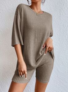 SHEIN Essnce Drop Shoulder Ribbed Knit Tee & Cycling Shorts - Coffee Brown - View 5