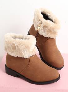 Girls Contrast Fluffy Zip Side Combat Boots - Brown - View 1