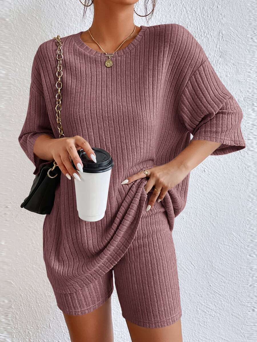 SHEIN Essnce Drop Shoulder Ribbed Knit Tee & Cycling Shorts - Dusty Pink - View 1