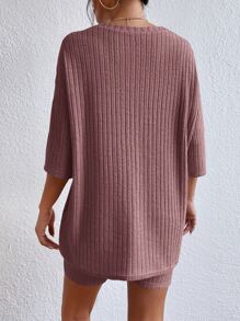SHEIN Essnce Drop Shoulder Ribbed Knit Tee & Cycling Shorts - Dusty Pink - View 2