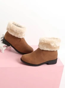 Girls Contrast Fluffy Zip Side Combat Boots - Brown - View 3