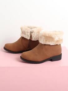 Girls Contrast Fluffy Zip Side Combat Boots - Brown - View 4