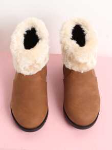 Girls Contrast Fluffy Zip Side Combat Boots - Brown - View 5