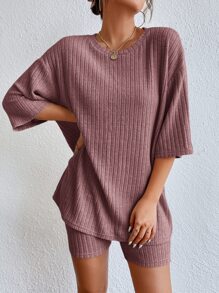 SHEIN Essnce Drop Shoulder Ribbed Knit Tee & Cycling Shorts - Dusty Pink - View 3