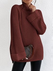 SHEIN Frenchy Turtleneck Raglan Sleeve Split Hem Jumper - Rust Brown - View 3