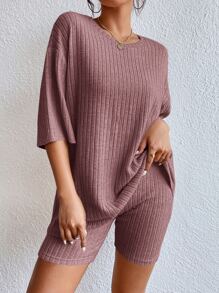 SHEIN Essnce Drop Shoulder Ribbed Knit Tee & Cycling Shorts - Dusty Pink - View 5