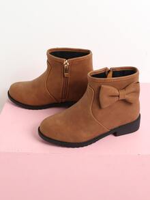 Girls Bow Decor Zip Side Combat Boots - Brown - View 6